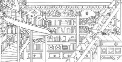 coloring page of inside a library